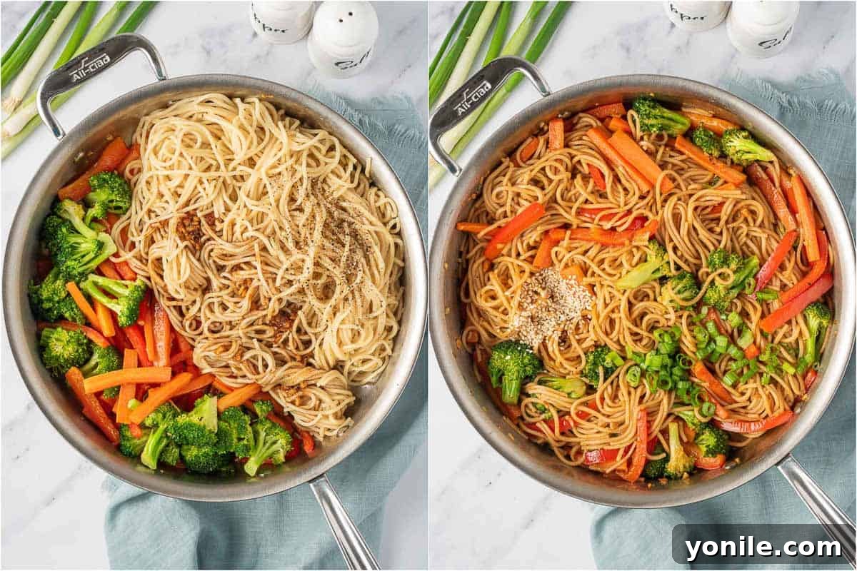 Tossing and garnishing the veggie lo mein recipe in a skillet.