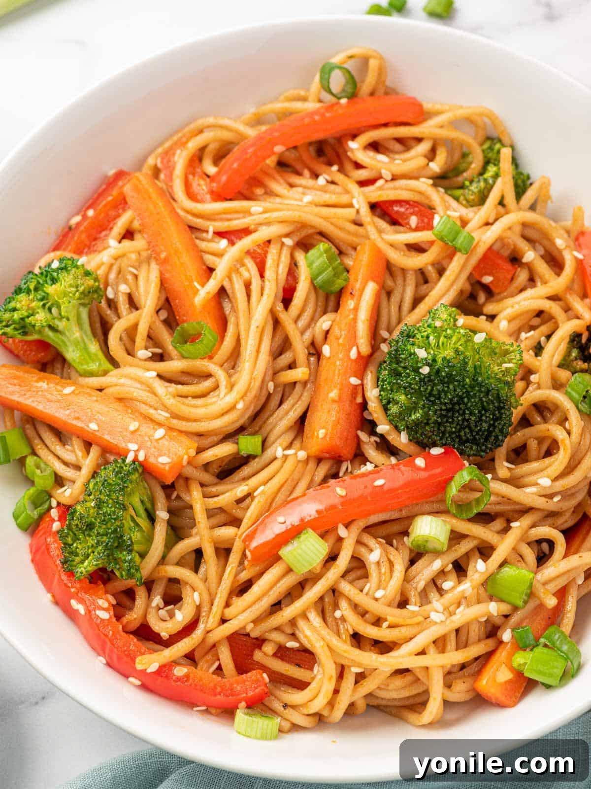 A bowl of authentic vegetable lo mein recipe.