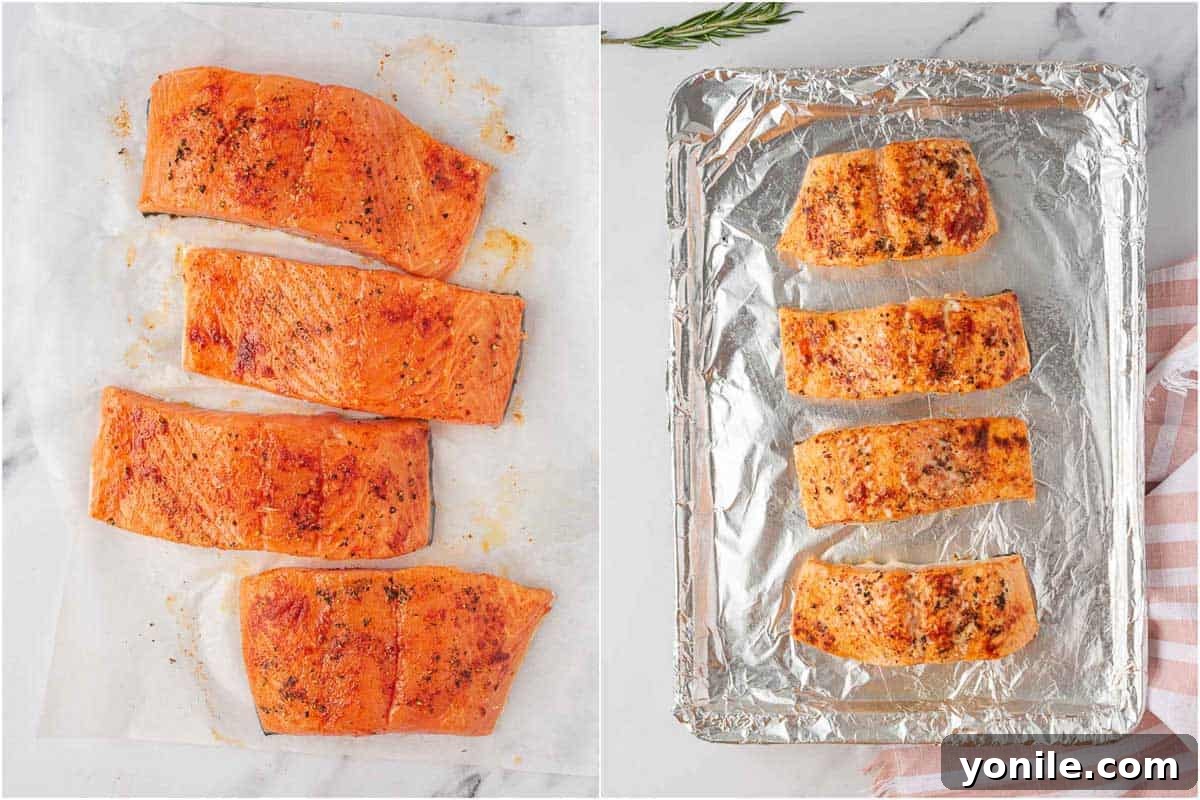 How to bake salmon with maple glaze by seasoning fillets on a baking sheet.