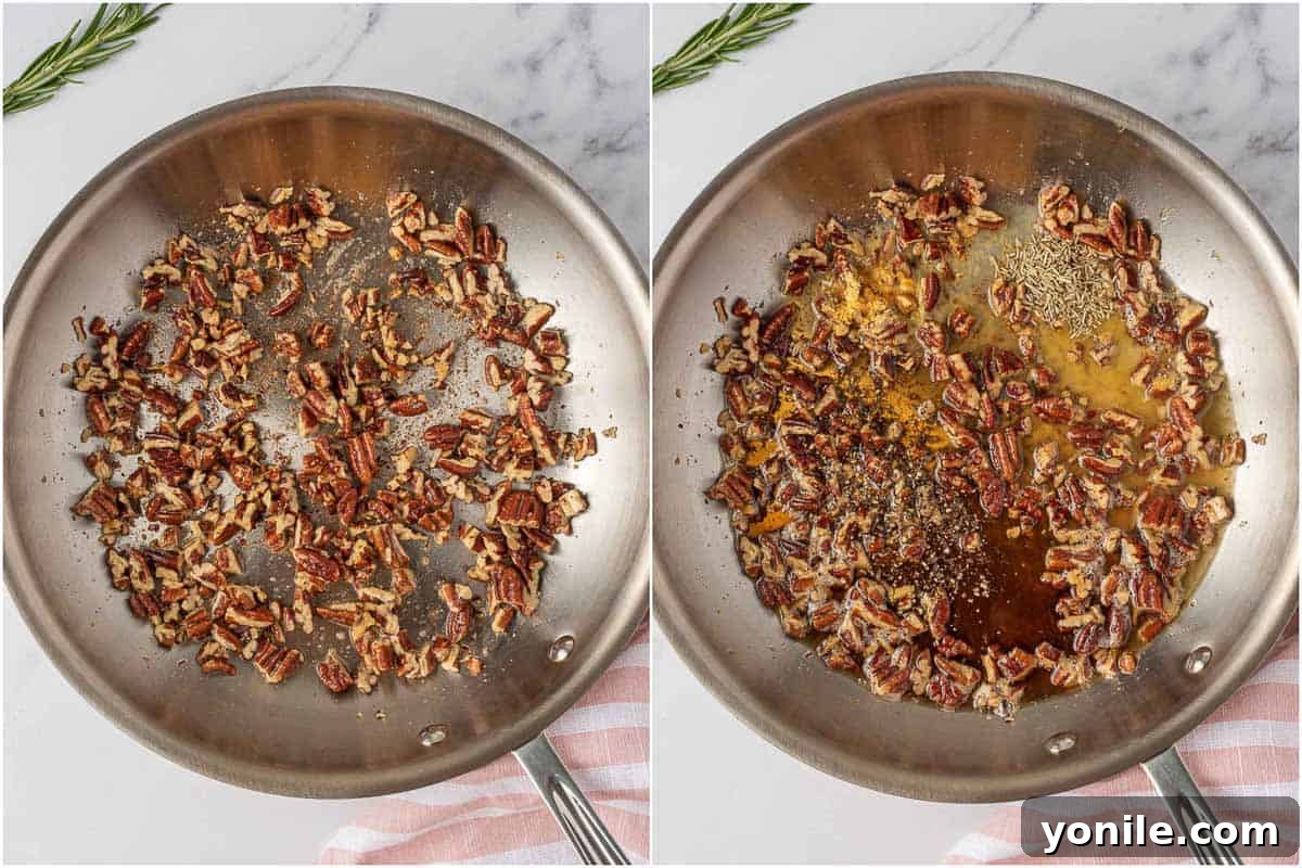 Preparing maple pecan glaze in a skillet with butter, pecans, and maple syrup.