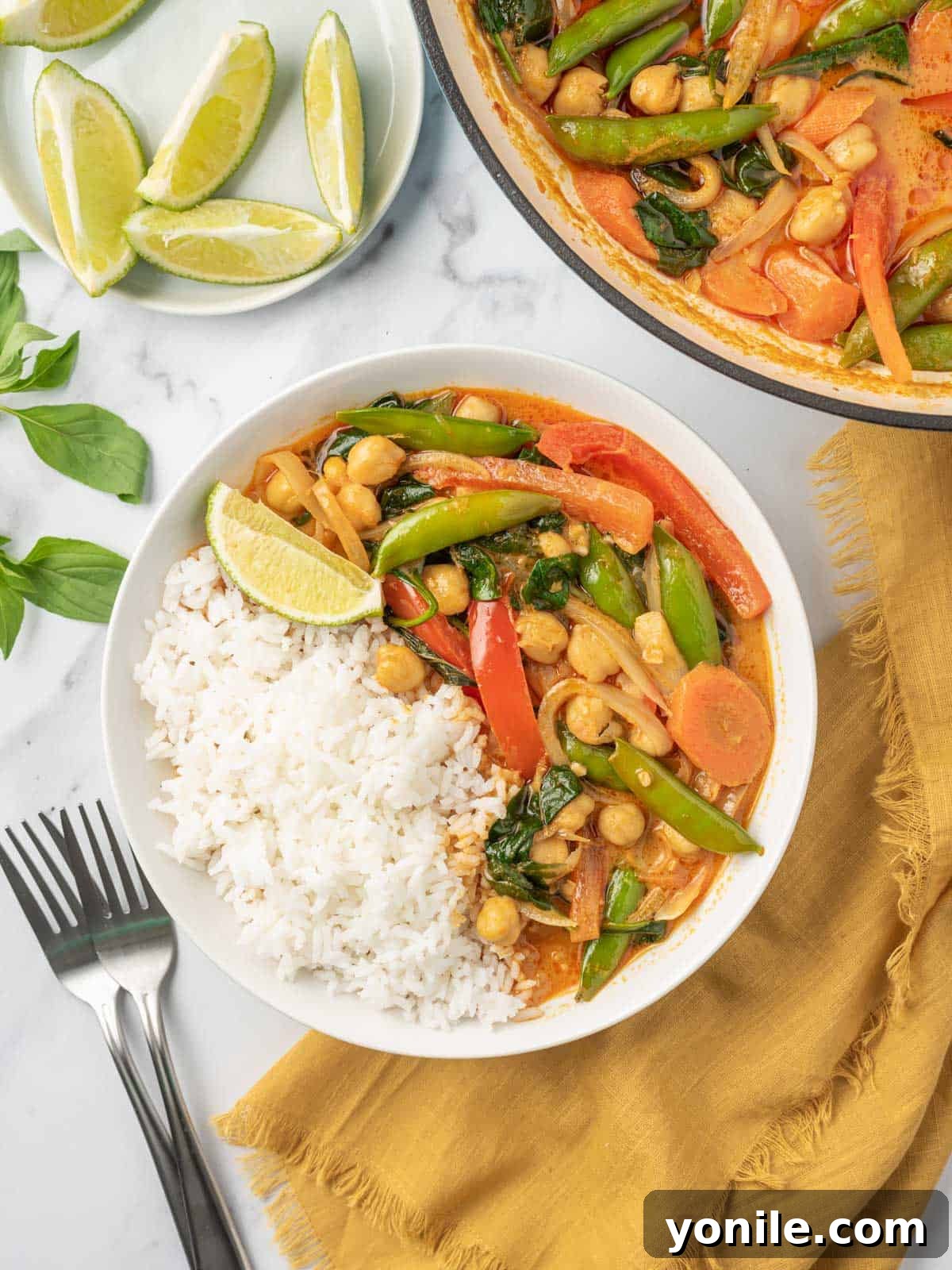 A bowl of rice with red thai curry and a pot of curry in the background.