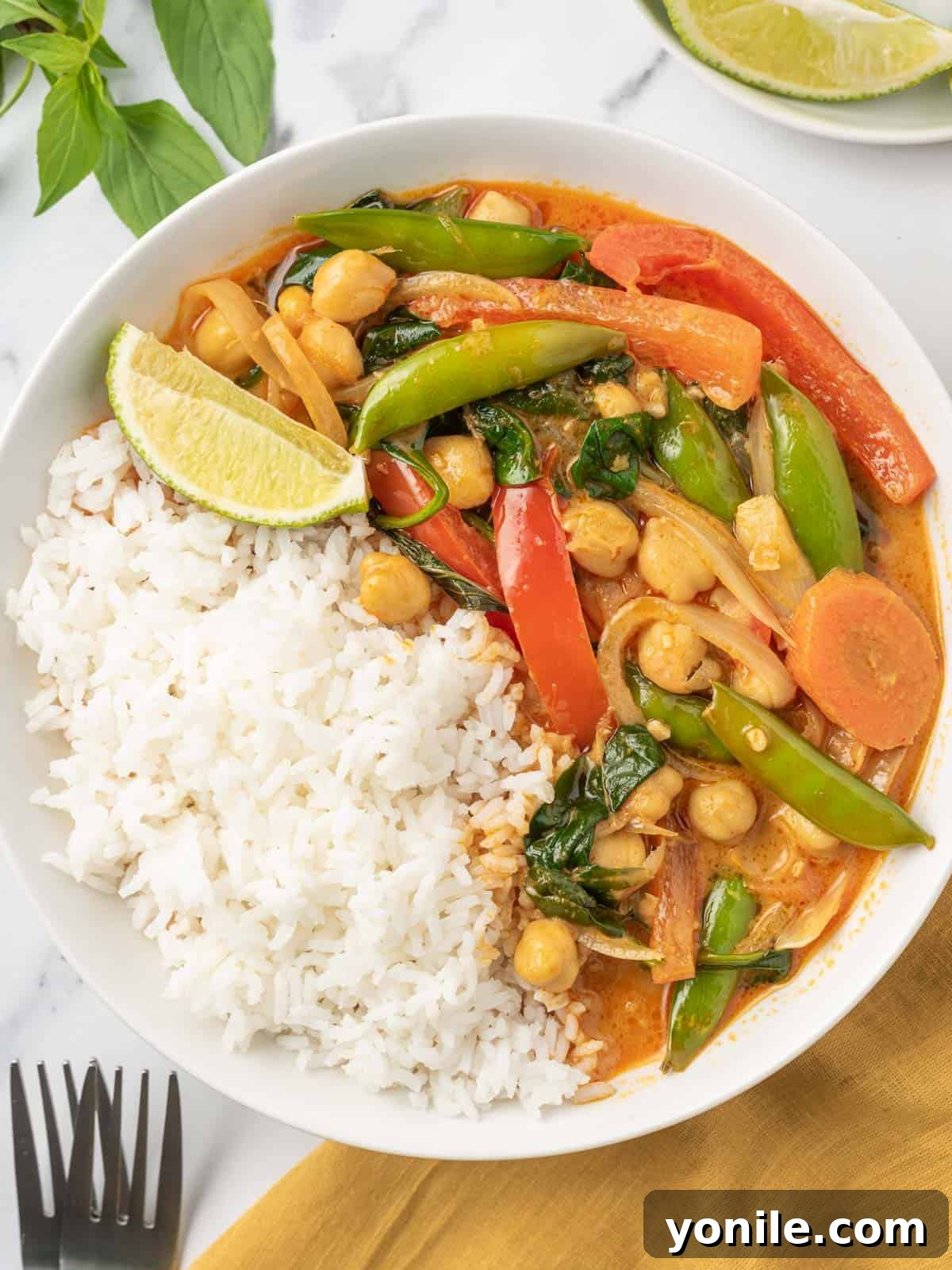 A bowl of rice topped with vegan red curry with vegetables.