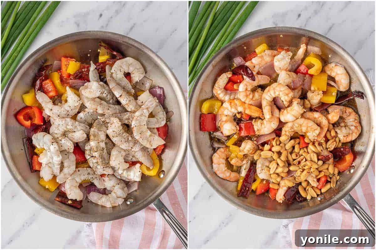 Process of cooking spicy shrimp stir fry.