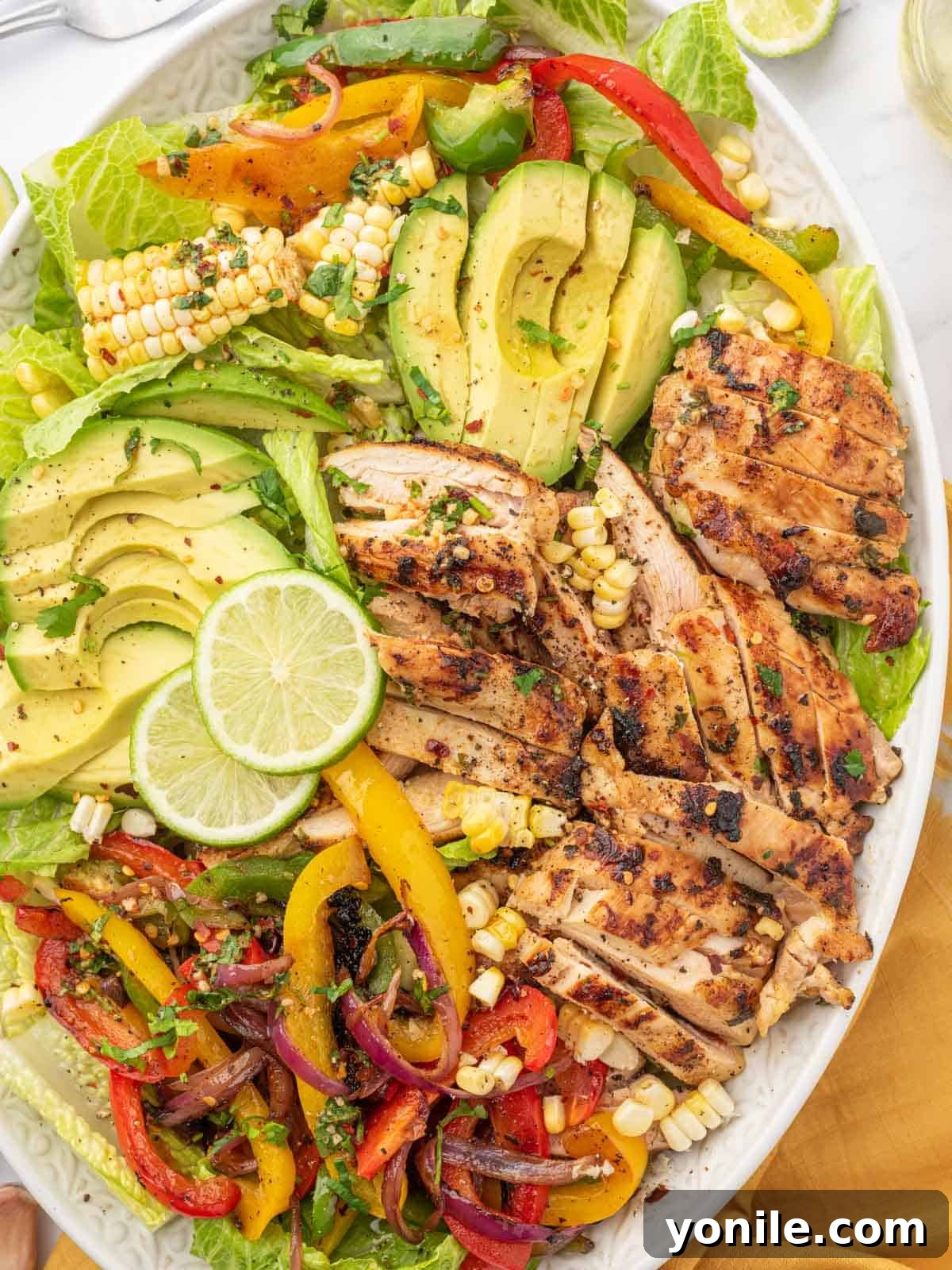 Fiesta lime chicken salad with lime garnish on a platter.