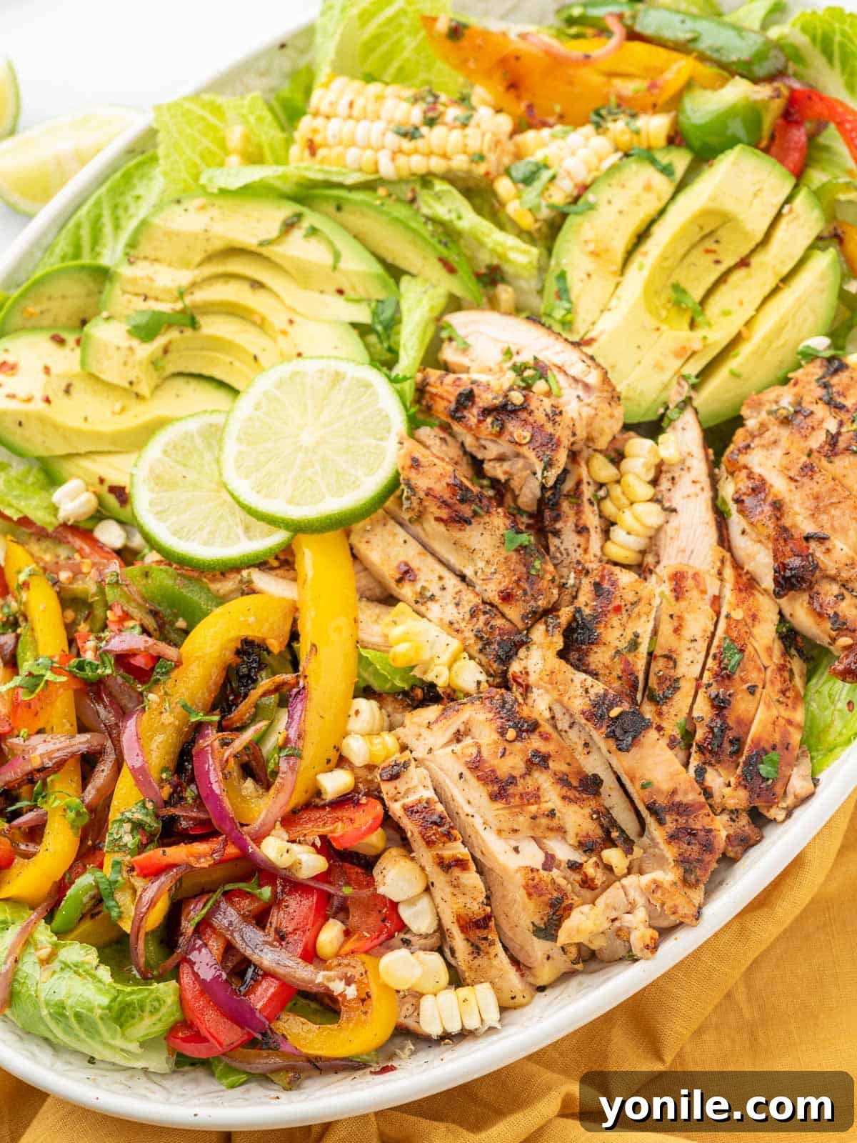 Large platter of chicken fajita salad.