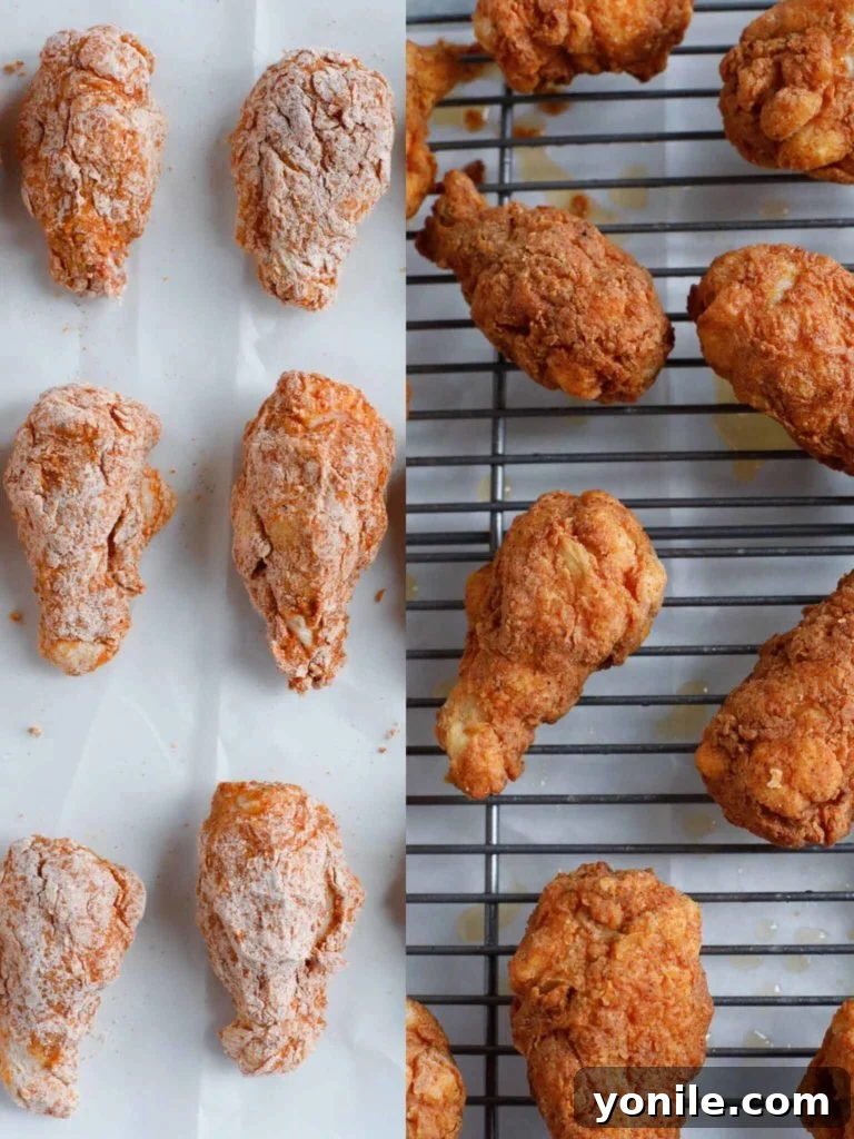 A close-up of chicken wings being carefully double-coated in a seasoned dry mix and a rich egg wash, ready for frying.