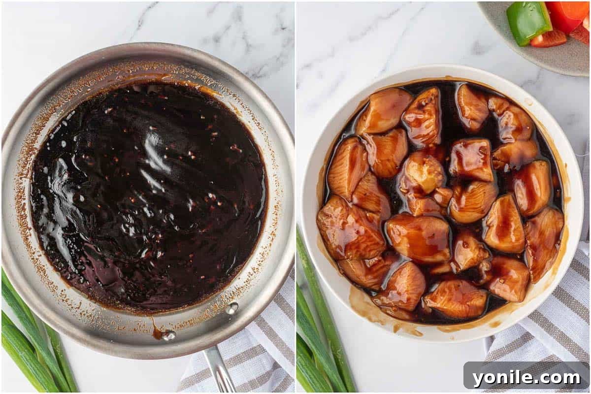 Teriyaki Glazed Chicken Skewers 5 Chicken pieces marinating in teriyaki sauce in a bowl.