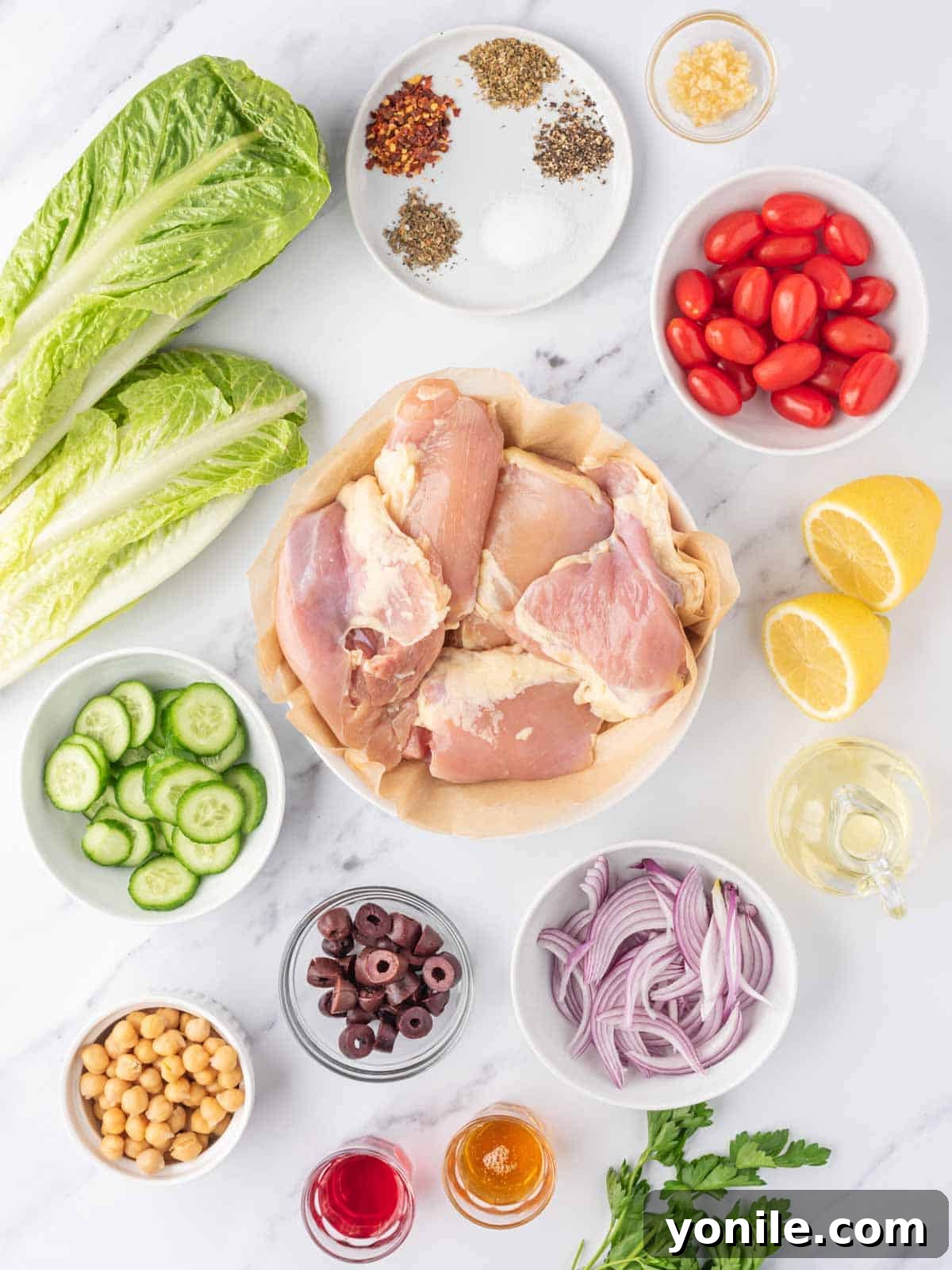 Ingredients needed for grilled mediterranean chicken salad.