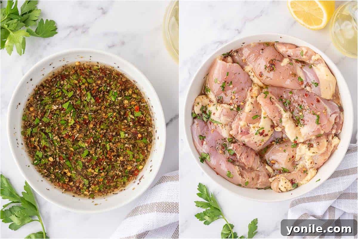 Marinating chicken for lemon herb chicken salad.