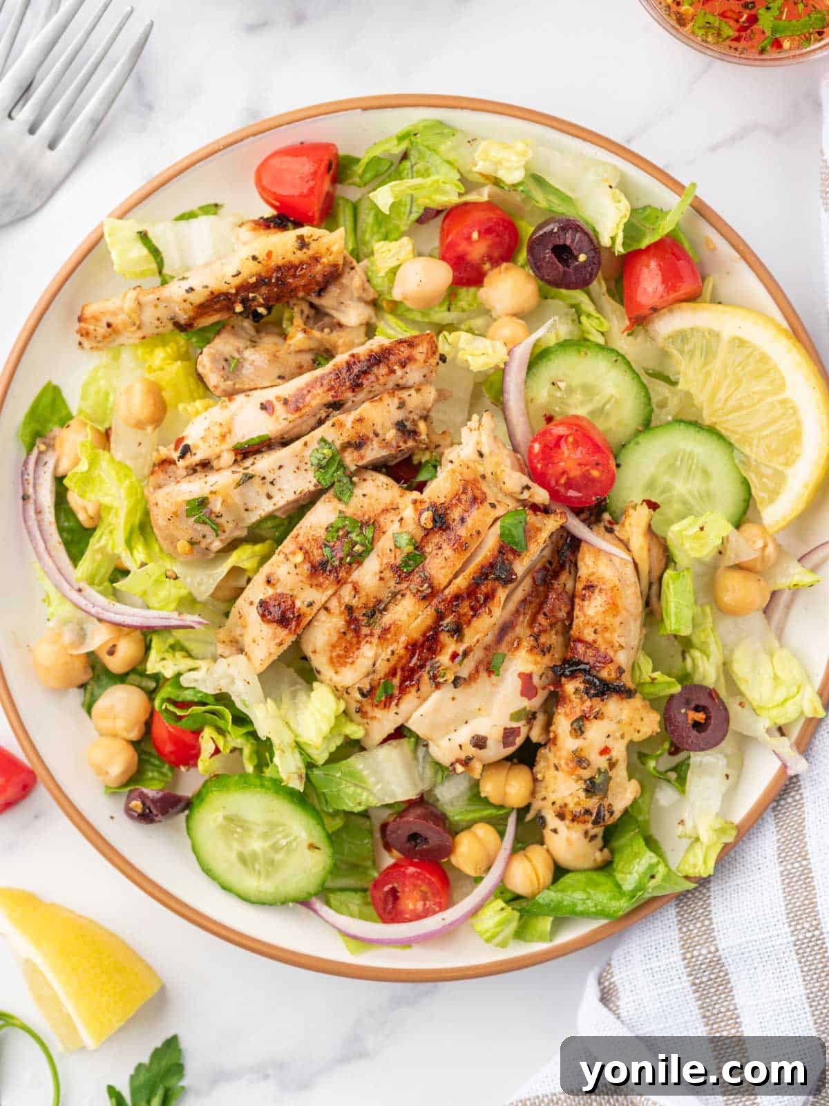 A serving of healthy salad with chicken on a plate.