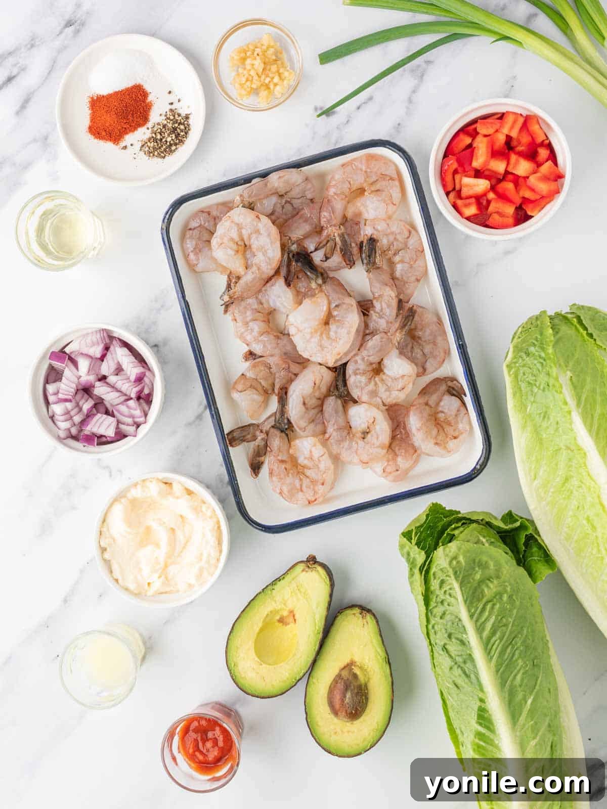 A collection of fresh ingredients laid out for shrimp lettuce salad preparation, including shrimp, avocado, lettuce, and spices.