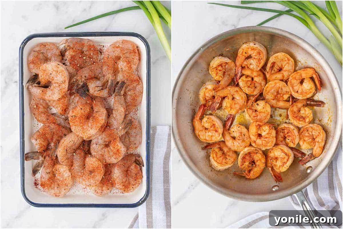 Detailed step-by-step image showing how to perfectly saute shrimp for an easy shrimp salad recipe.