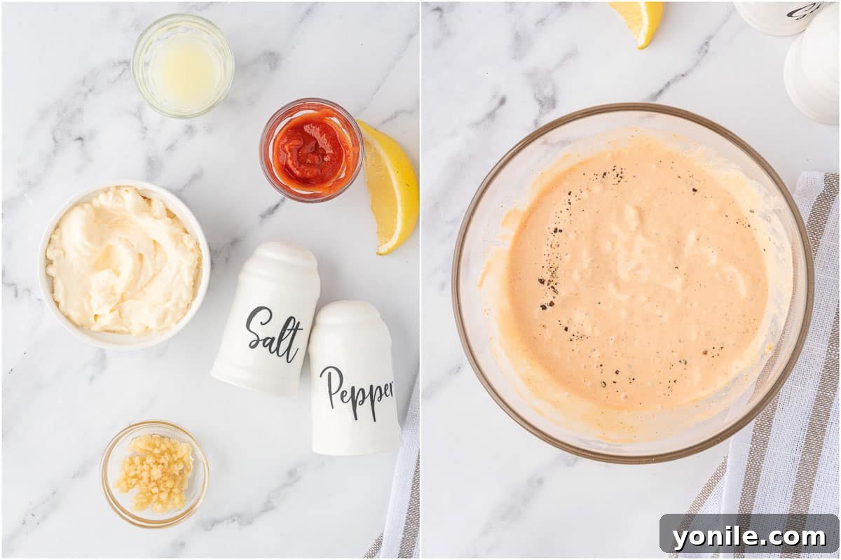 An image depicting the process of mixing the creamy, spicy dressing for the easy shrimp salad recipe in a small bowl.