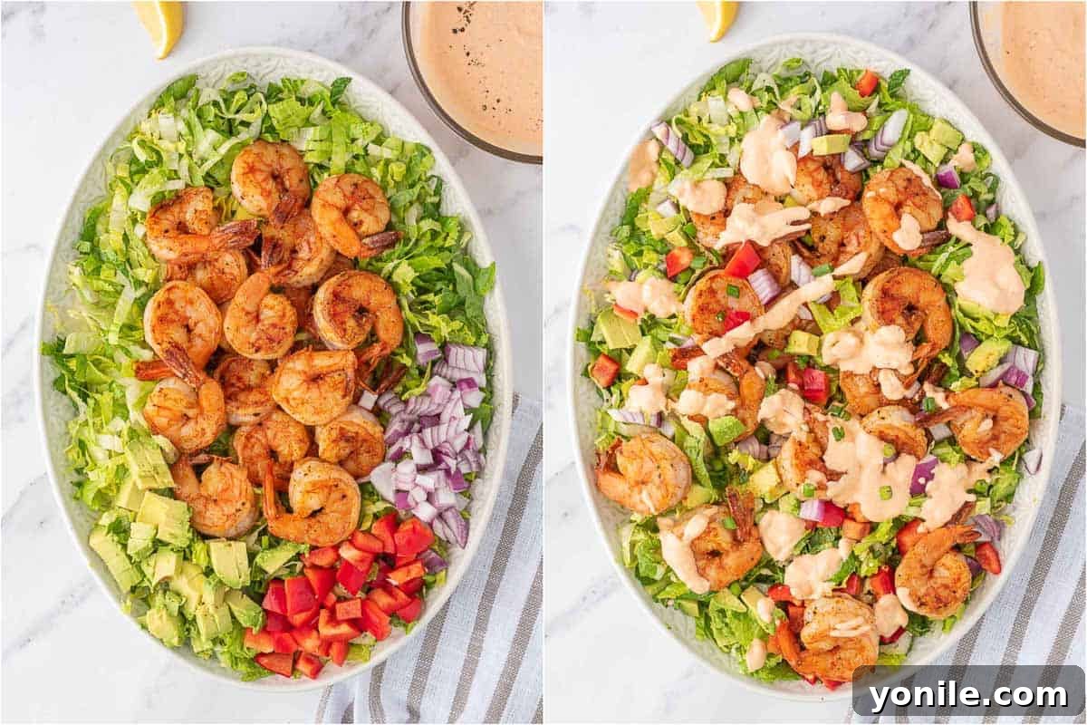 A visual guide on how to beautifully assemble and dress the shrimp lettuce salad, showcasing mixed ingredients.