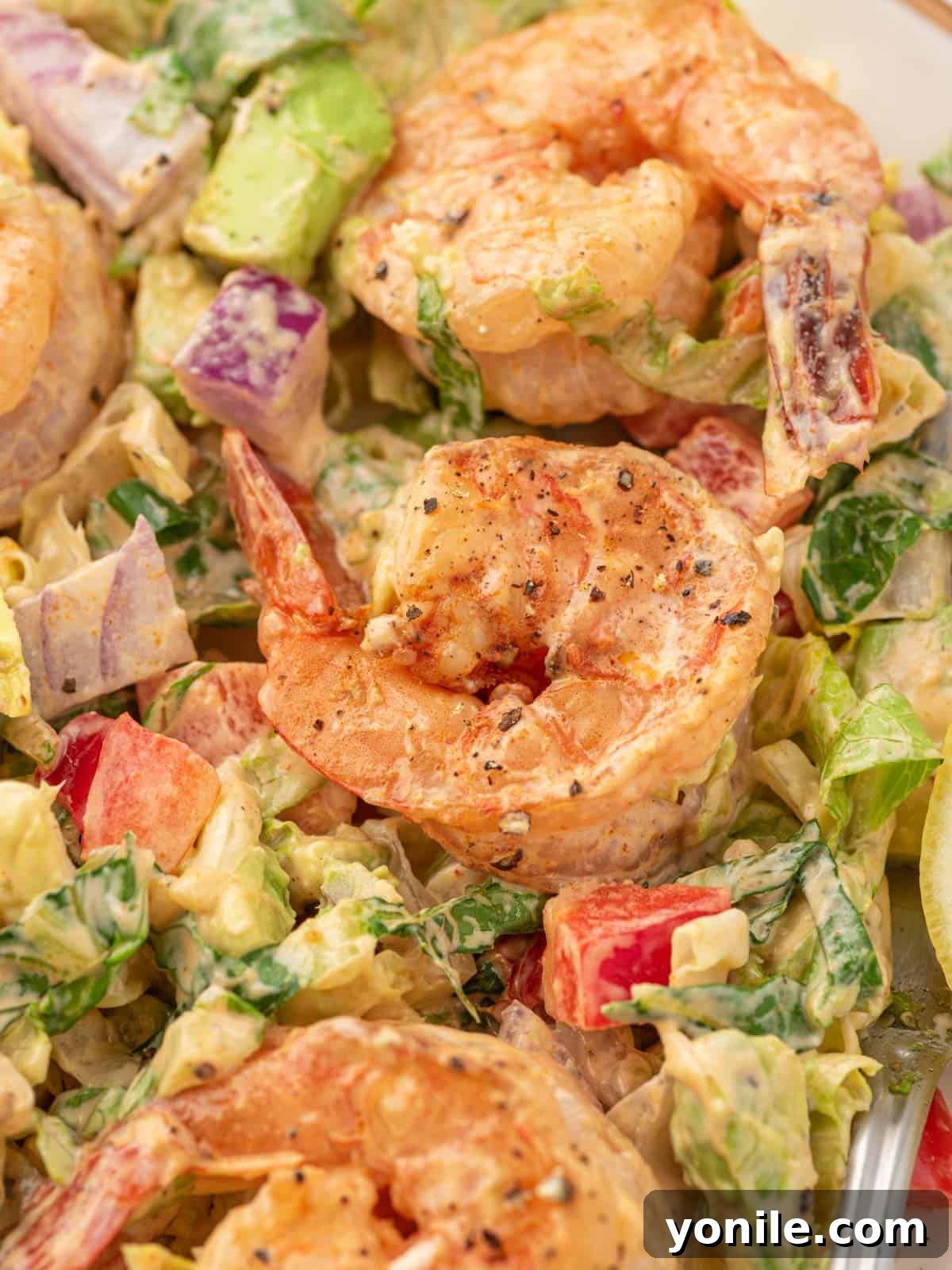 A close-up shot of the finished shrimp salad with lettuce and avocado, highlighting the fresh ingredients and appetizing texture.