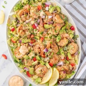 A platter of an easy shrimp salad recipe ready to serve.