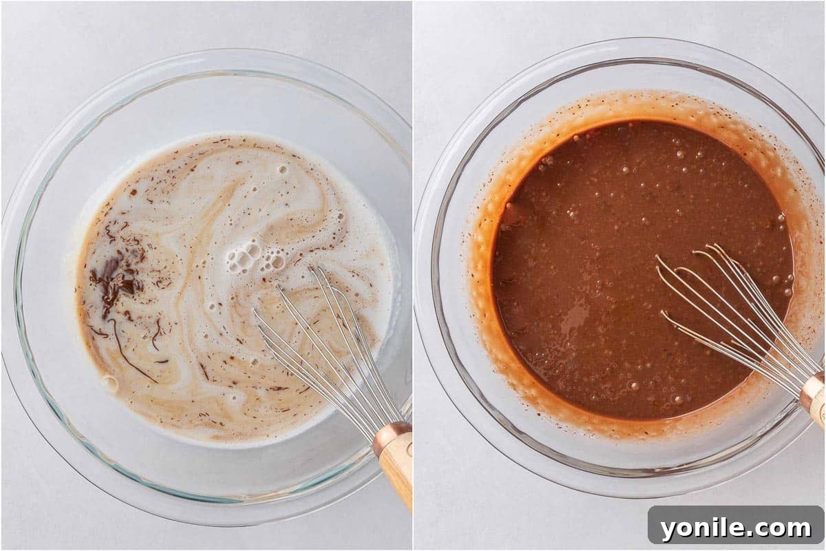 Preparing the rich and creamy filling for dairy-free chocolate pie, whisking ingredients together in a bowl.