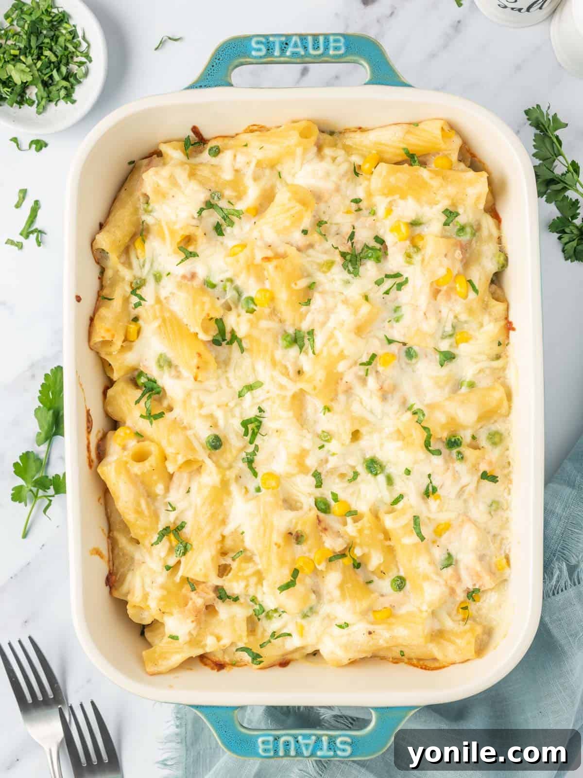 Velvety Tuna Pasta Casserole 2 Easy tuna noodle casserole recipe in a baking dish, golden brown and bubbly.