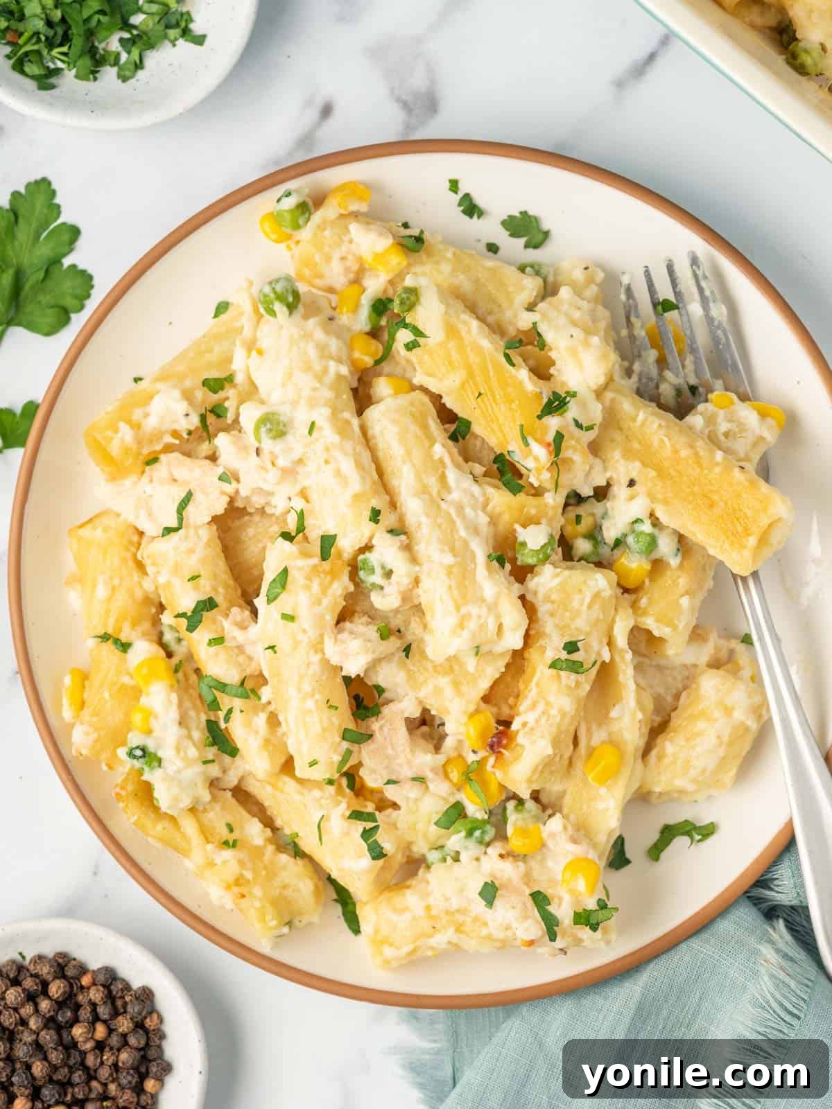 Velvety Tuna Pasta Casserole 9 A plate piled with a serving of creamy tuna noodle casserole and a fork, ready to eat.