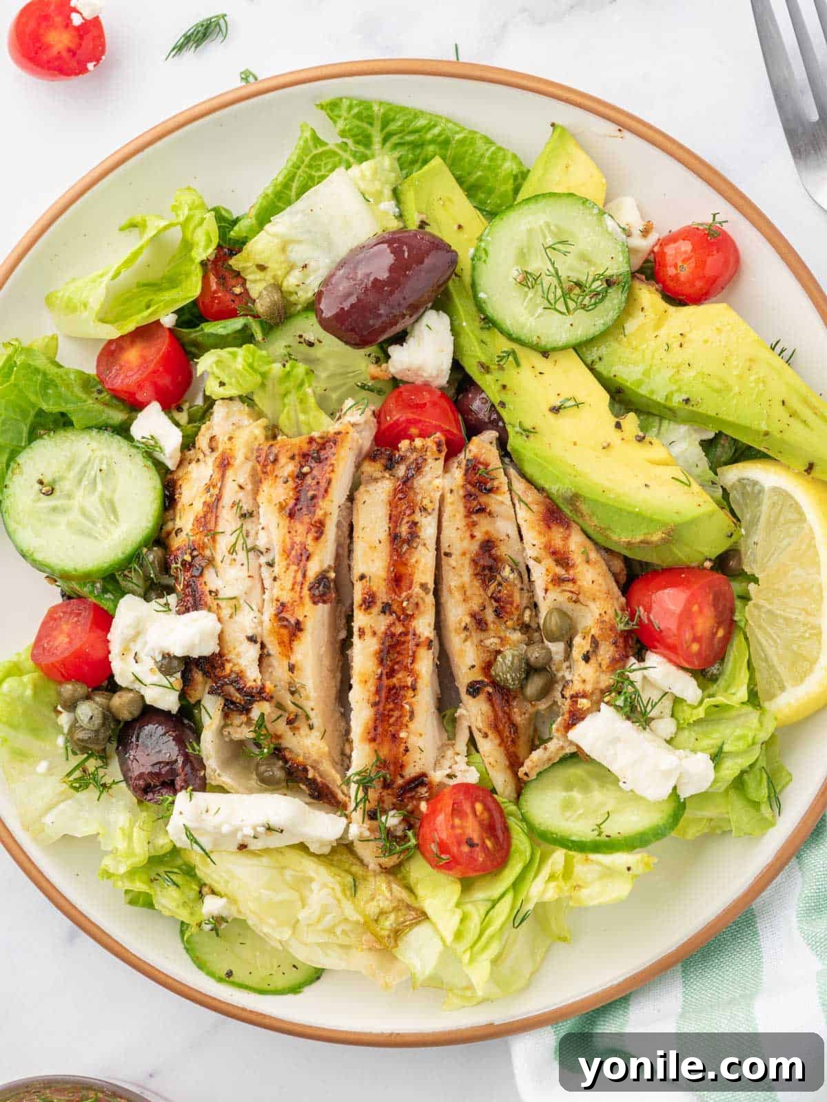 Vibrant Greek Grilled Chicken Salad 8 A plated portion of greek chicken salad with a fork and a napkin.