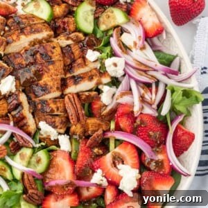 A serving platter with strawberry goat cheese salad and grilled chicken with balsamic dressing.