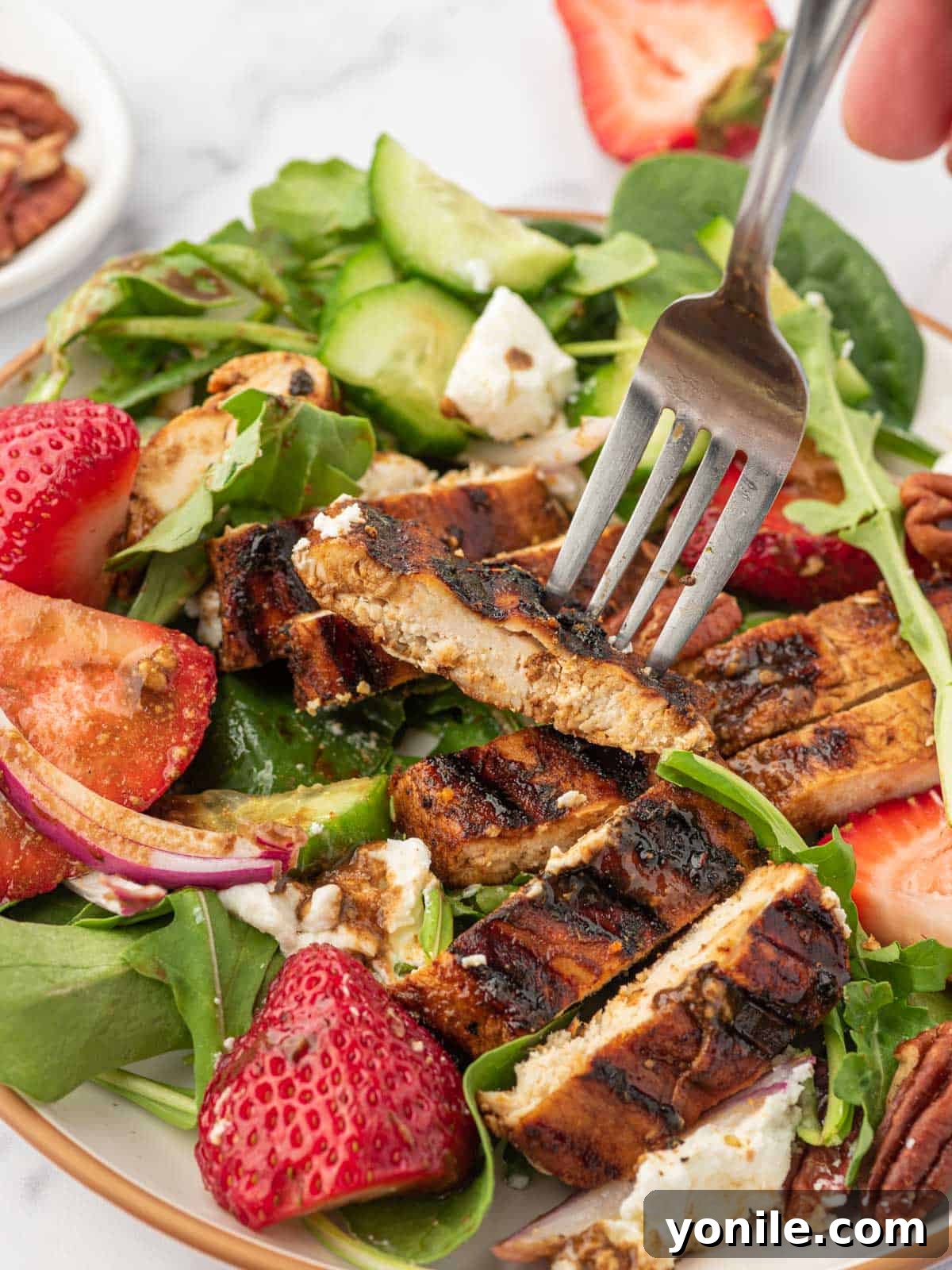 Balsamic grilled chicken on a fork over a plate of spinach and strawberry salad.