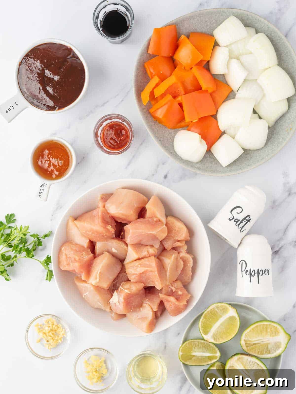 The Ultimate BBQ Chicken Skewers 3 A visual display of all the ingredients needed to prepare delicious Honey BBQ chicken kabobs.