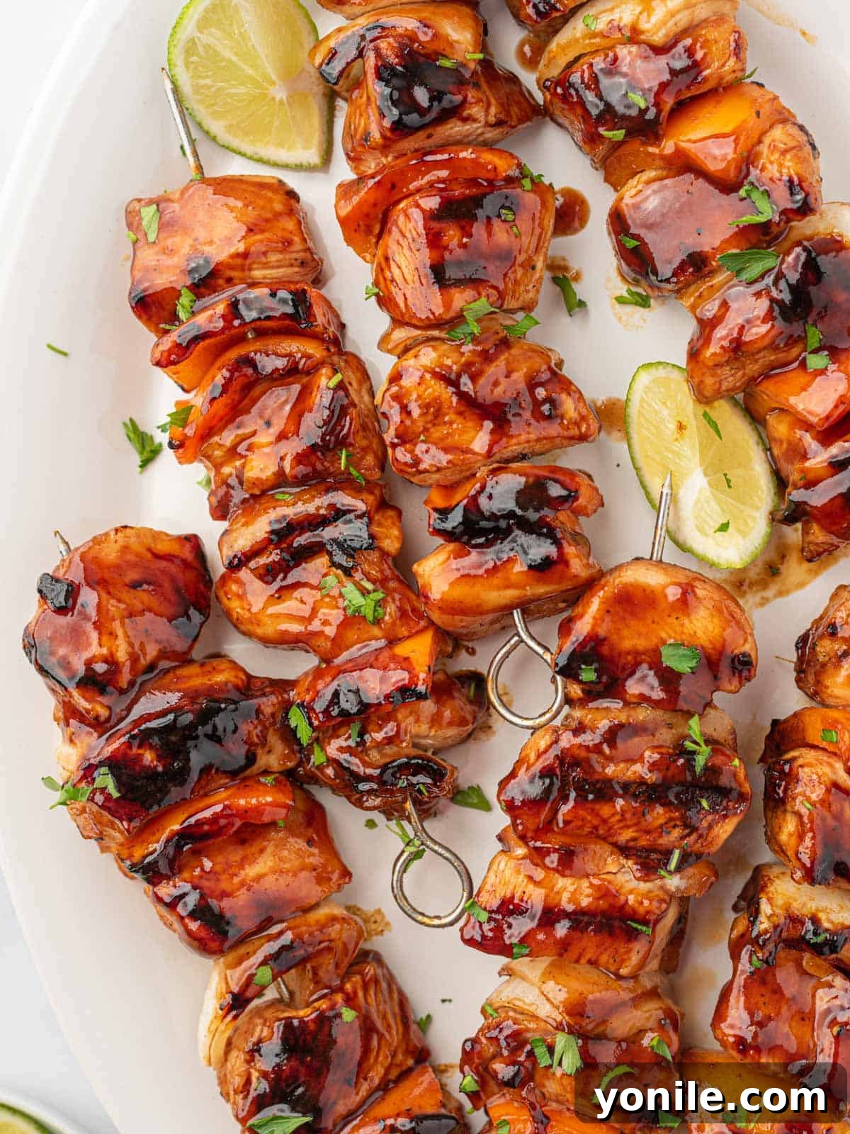 The Ultimate BBQ Chicken Skewers 6 Close-up of chicken skewers coated in a rich and flavorful honey BBQ chicken marinade, ready for grilling.