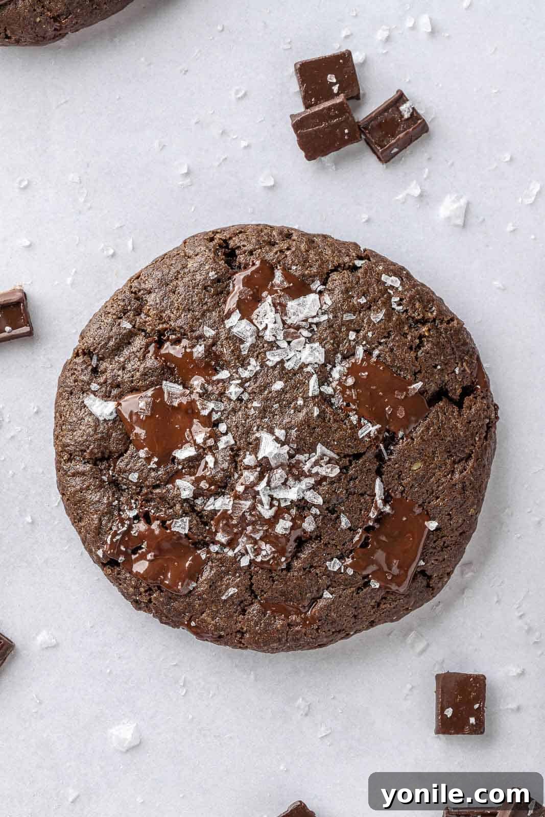 A single perfectly baked vegan double chocolate cookie on a white surface, garnished with chocolate chunks and a sprinkle of flaky salt.