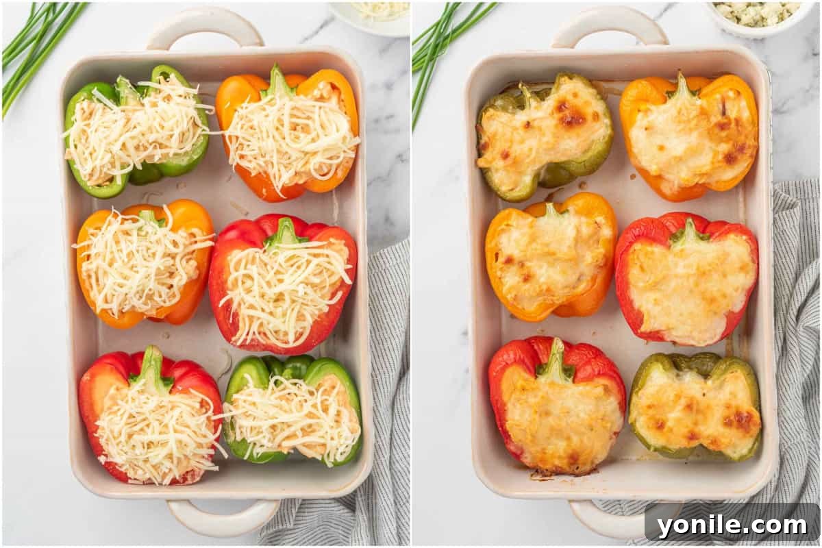 Before and after of cheese topped keto stuffed peppers with chicken.