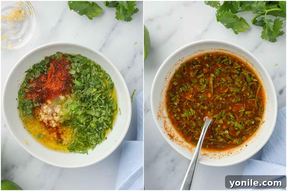 Ingredients for chili lime shrimp marinade being mixed in a bowl, including olive oil, lime juice, cilantro, garlic, and spices.
