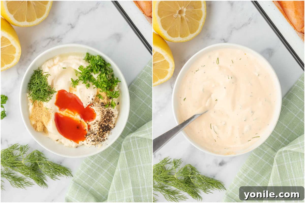 The process of preparing a creamy buffalo salad dressing in a small bowl.
