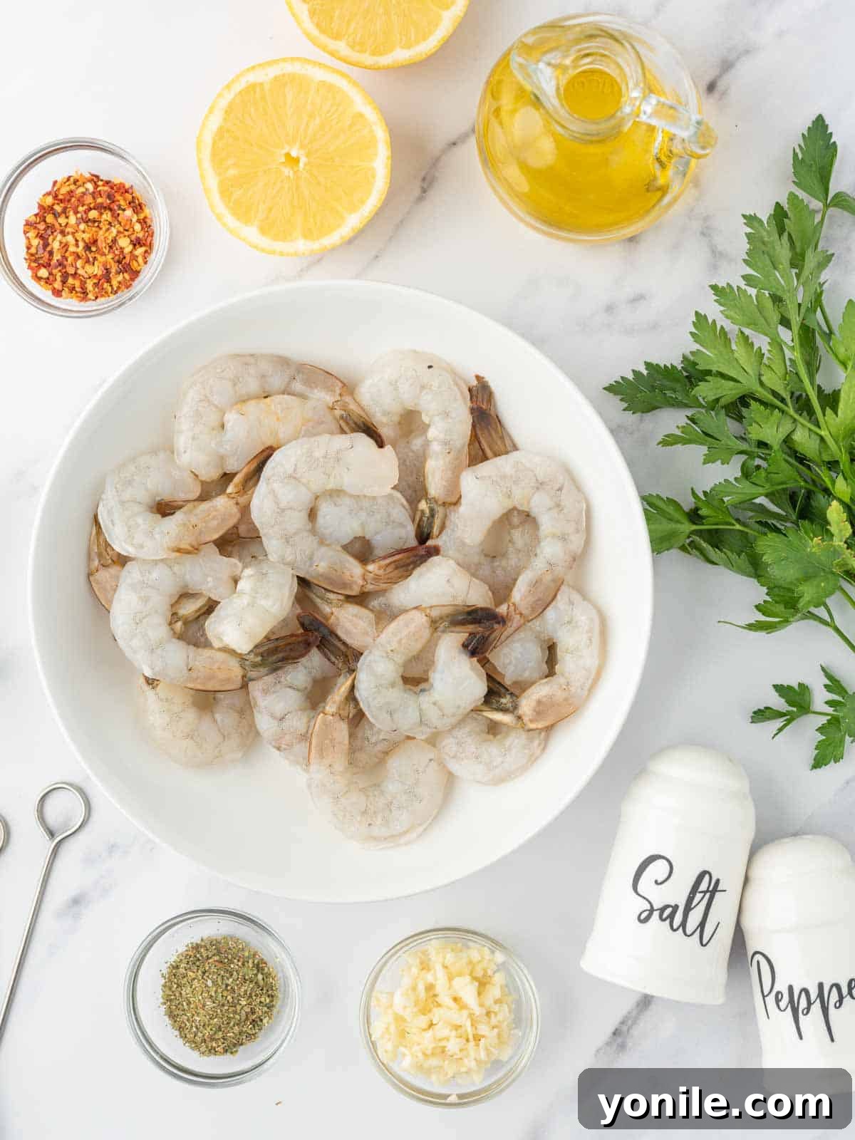 A flat lay photograph showing all the fresh ingredients needed for grilled garlic shrimp skewers, including shrimp, lemon, parsley, garlic, and spices.
