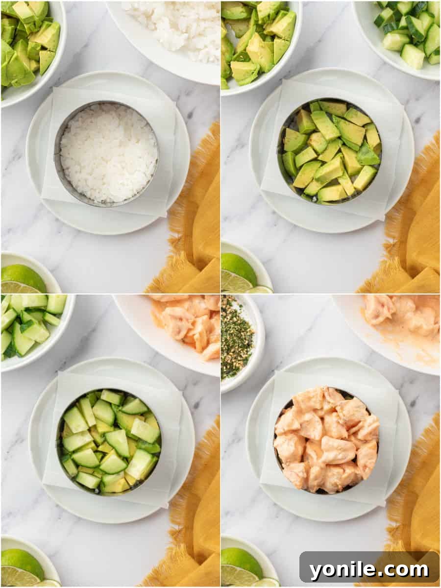 Shrimp Sushi Tower 7 Process shots showing how to layer rice, avocado, cucumber, and spicy shrimp into a ring mold on a plate.