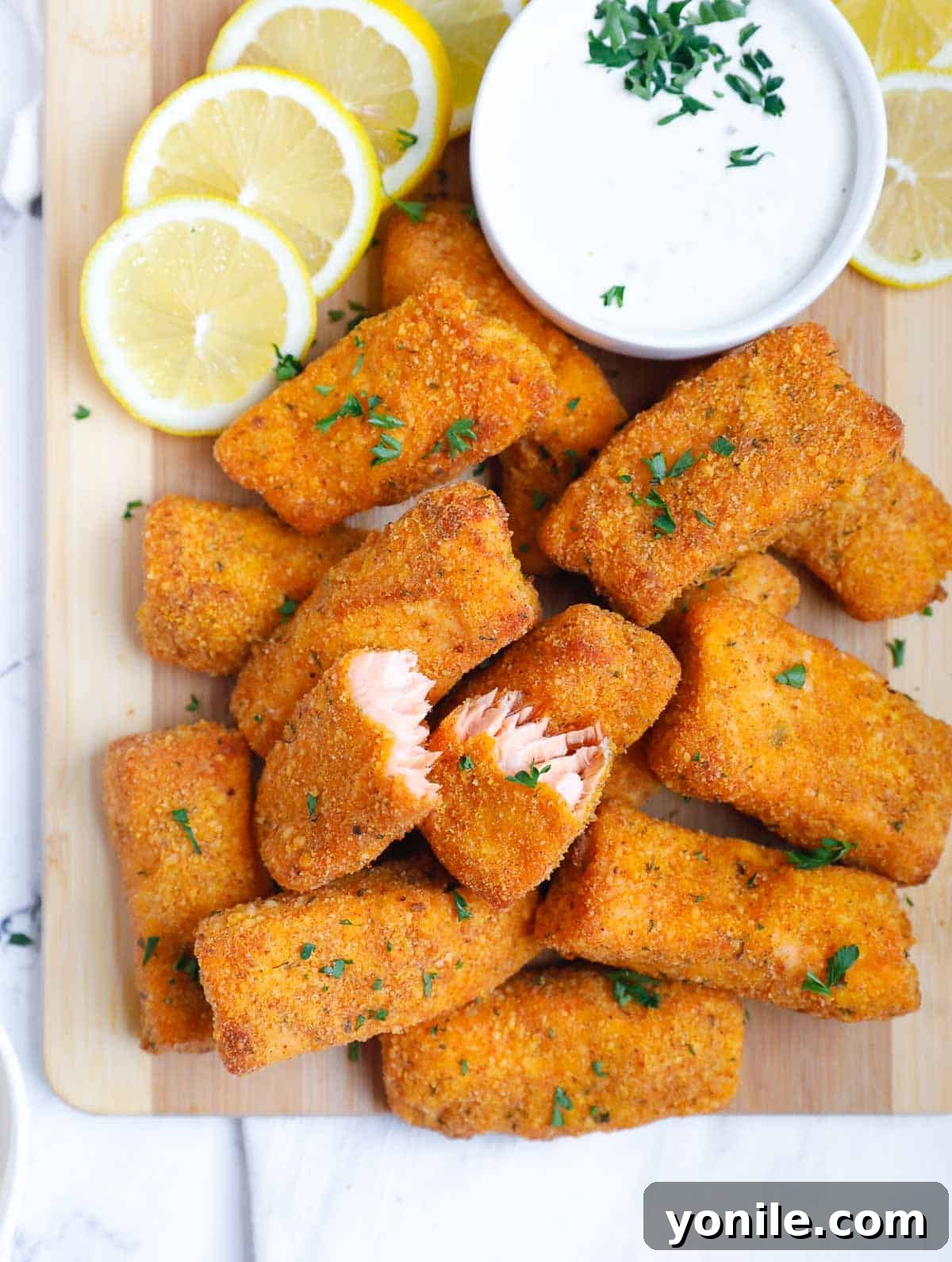 A vibrant plate of crispy baked salmon fish fingers, garnished with fresh lemon wedges and served alongside a creamy dipping sauce.