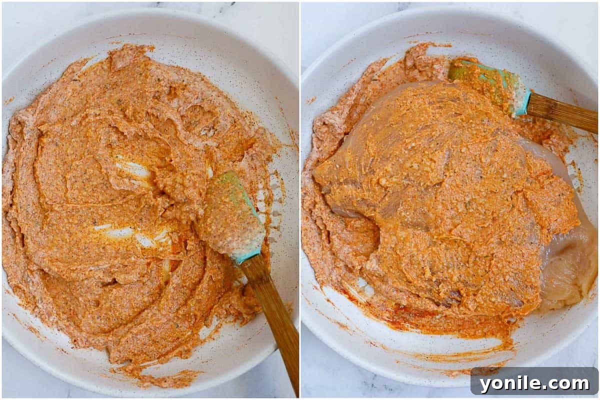 Applying the rich, flavorful marinade to chicken cutlets before breading.
