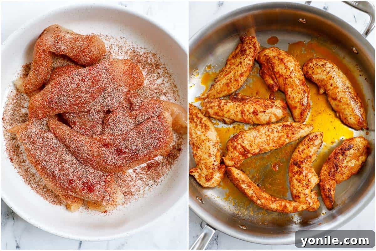 How to saute chicken tenders for spicy chicken linguine, showing beautifully browned chicken in a pan.