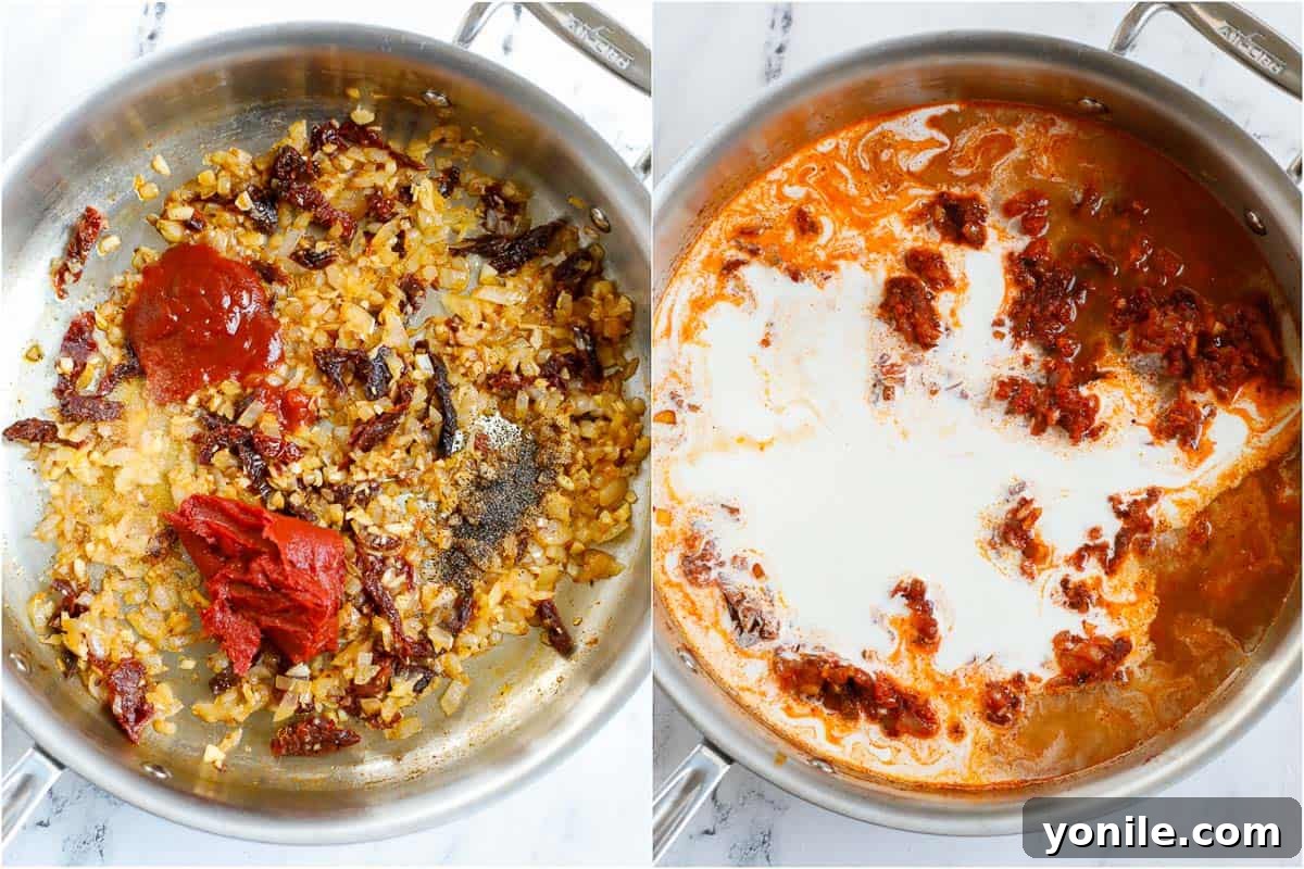 How to make sriracha cream sauce for chicken pasta, showing a rich, red sauce simmering in a skillet.