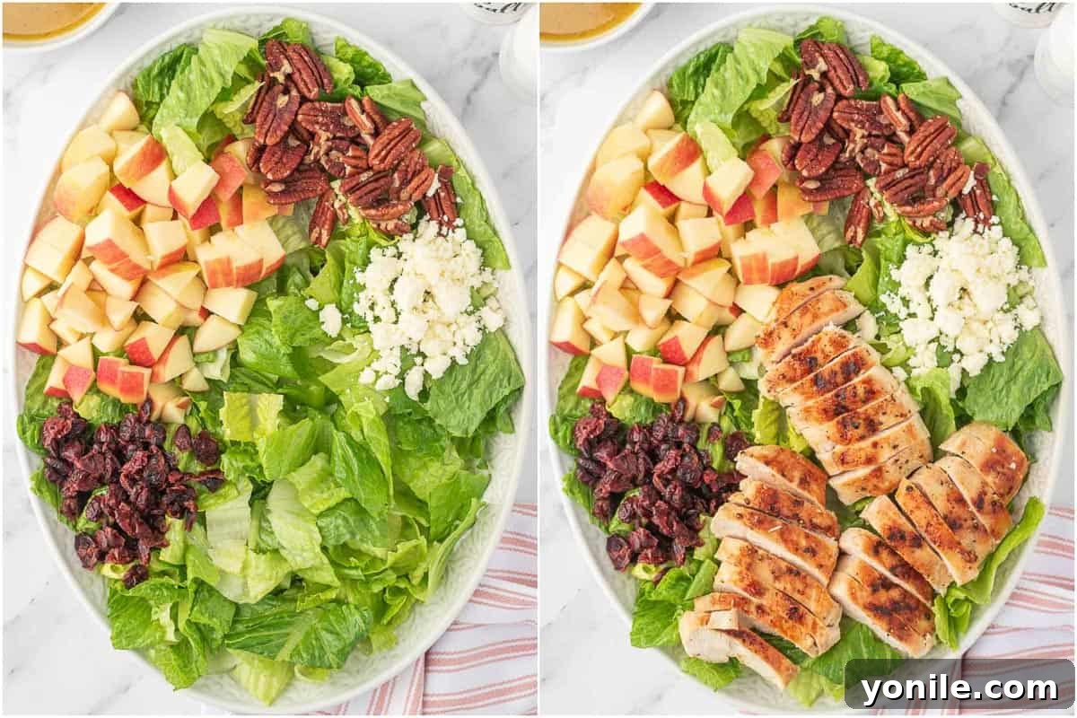Autumn Harvest Chopped Chicken Salad 6 Step-by-step process of assembling the healthy autumn chicken salad in a large bowl.
