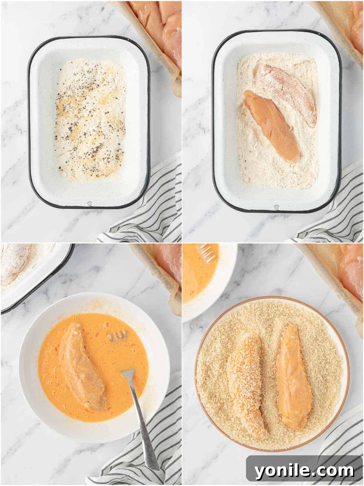 Oven-Crisped Buffalo Tenders 4 Hands demonstrating how to bread buffalo chicken fingers using a three-station dredging method.