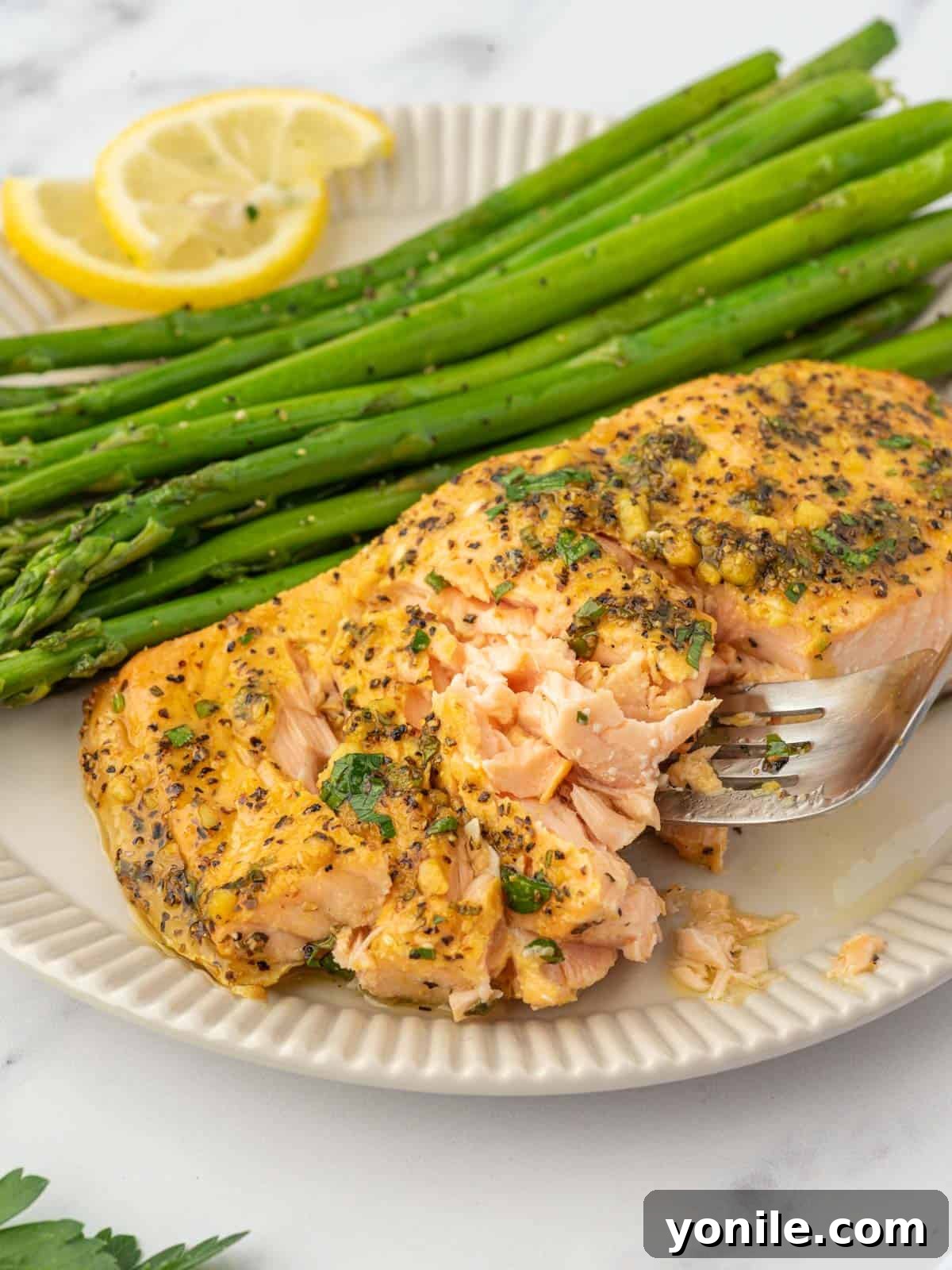 A plate of flakey lemon pepper salmon.