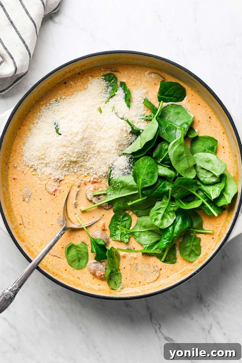 spinach parmesan in creamy mushroom sauce