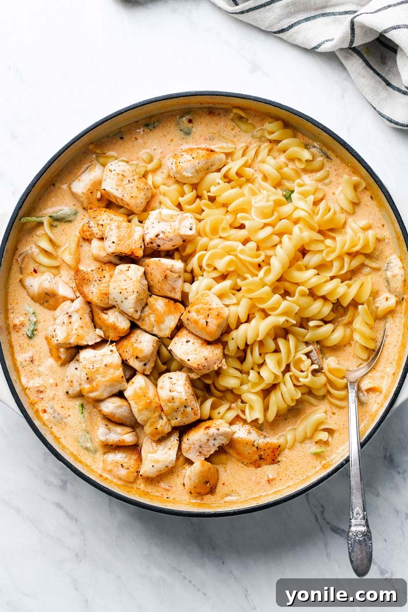 chicken and pasta in skillet with creamy mushroom sauce