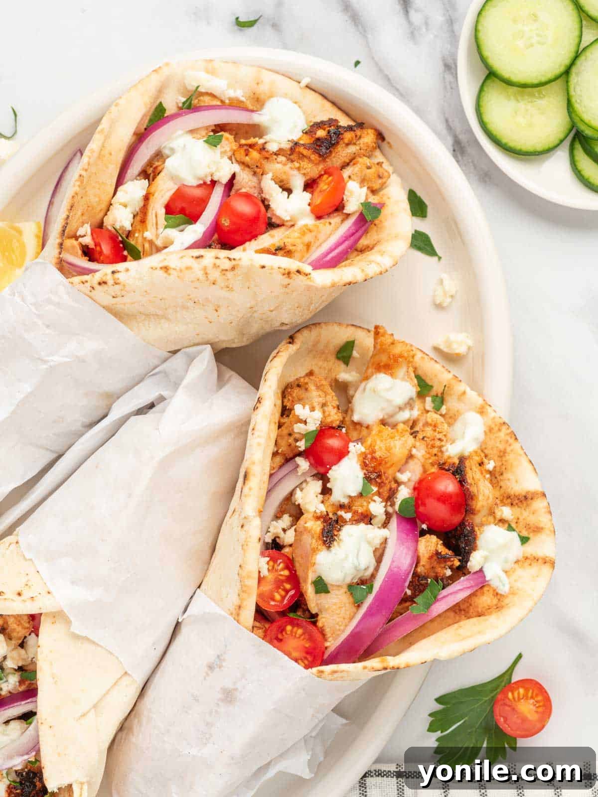 Authentic Homemade Greek Chicken Gyros 2 Plate of freshly assembled homemade Greek chicken gyros, showcasing the tender chicken, fresh vegetables, and creamy Tzatziki sauce.