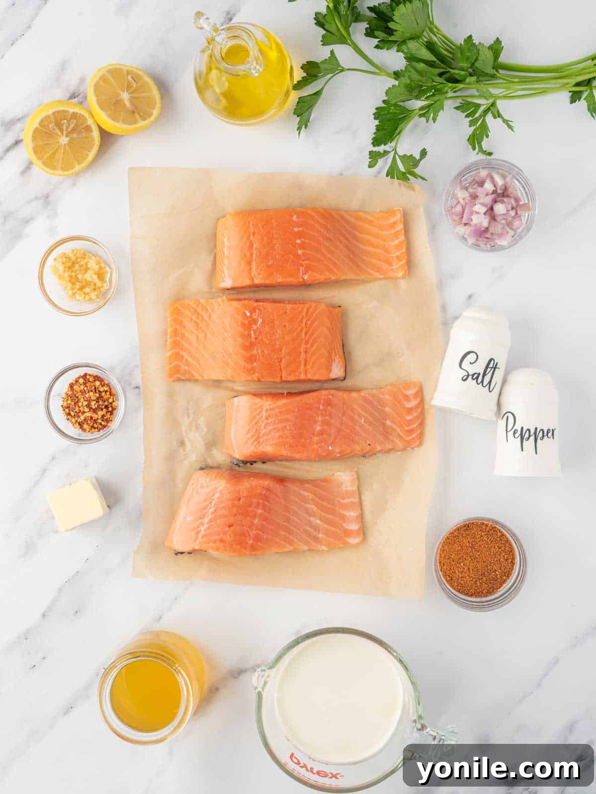 Ingredients needed for creamy cajun salmon recipe.