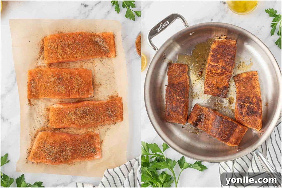 How to blacken salmon in a skillet for a crispy crust.
