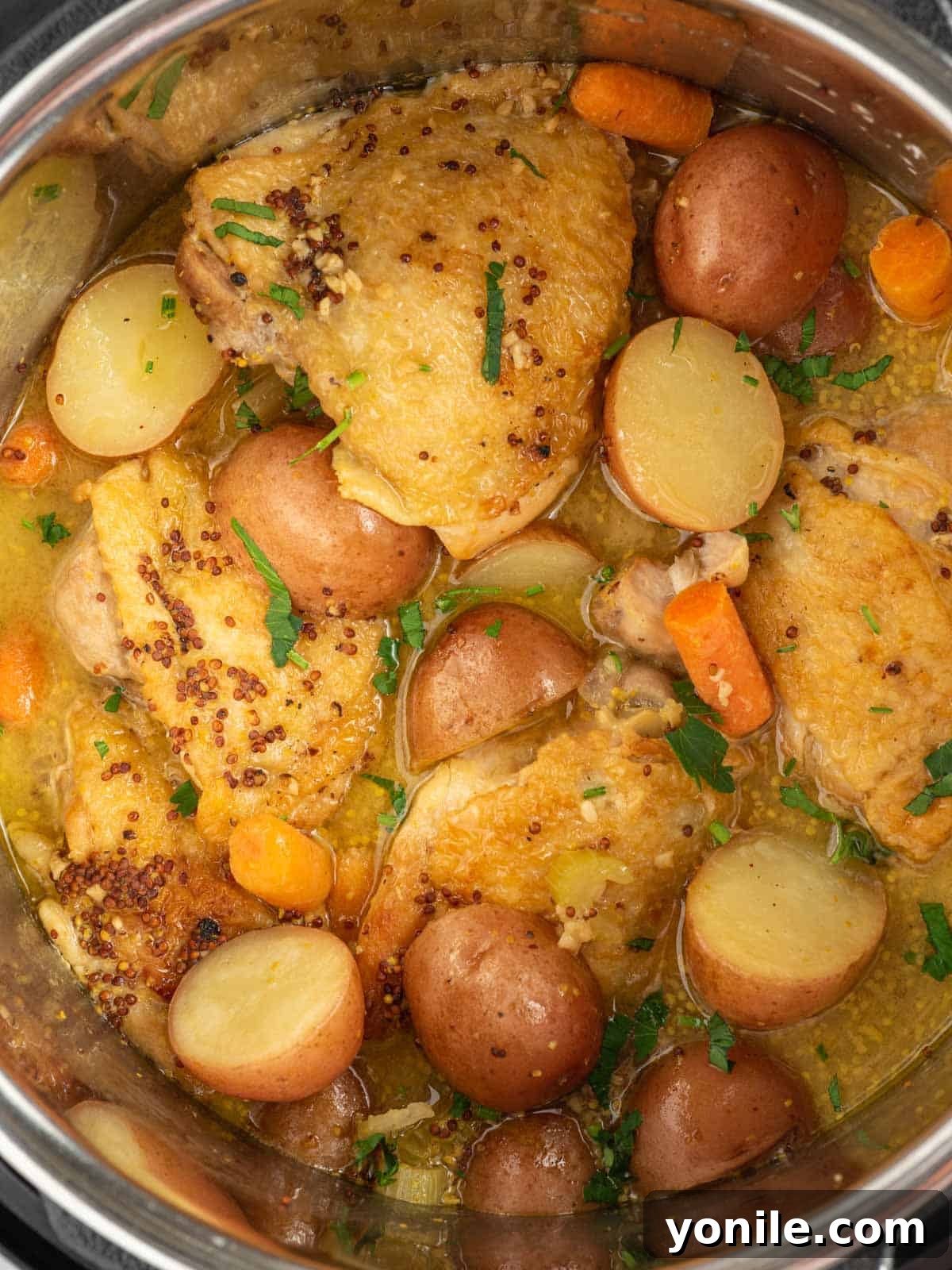 A top-down view of the finished Instant Pot Honey Mustard Chicken Stew with steam rising, garnished with fresh parsley.
