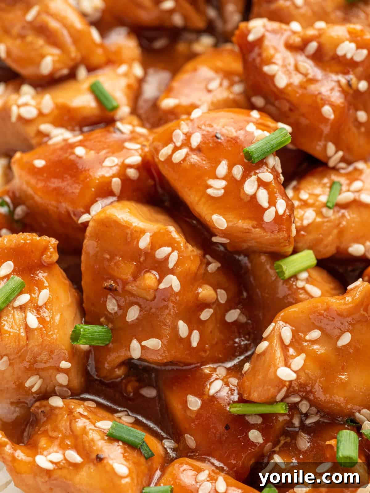 Closeup if chinese chicken with sesame sauce.