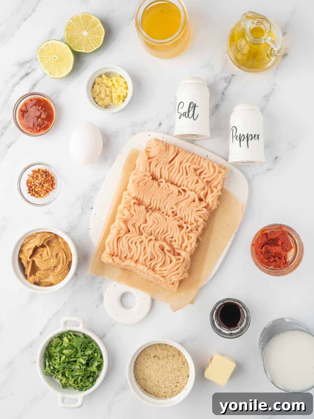 An array of fresh ingredients for Thai ground chicken meatballs, including ground chicken, eggs, breadcrumbs, cilantro, garlic, ginger, and red pepper flakes.