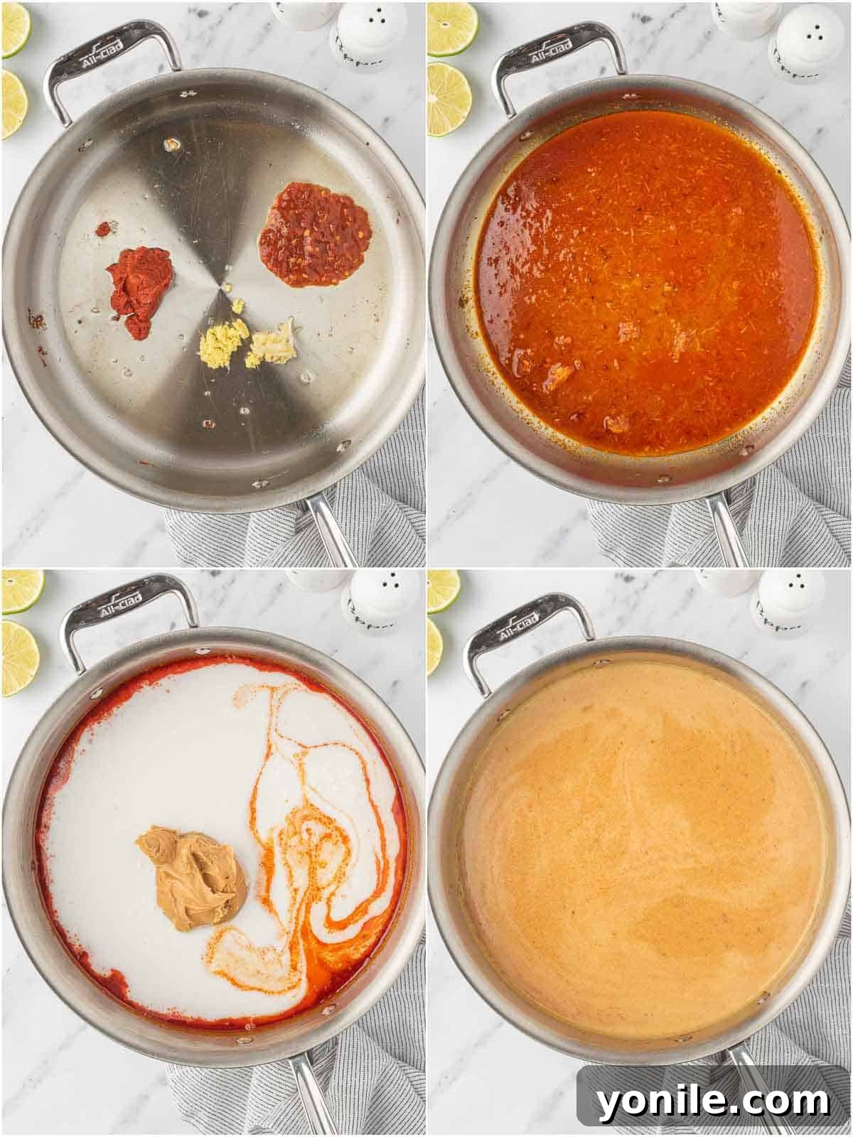 Preparing the Thai coconut curry sauce in a skillet, showing butter, aromatics, curry paste, and other liquid ingredients being combined.